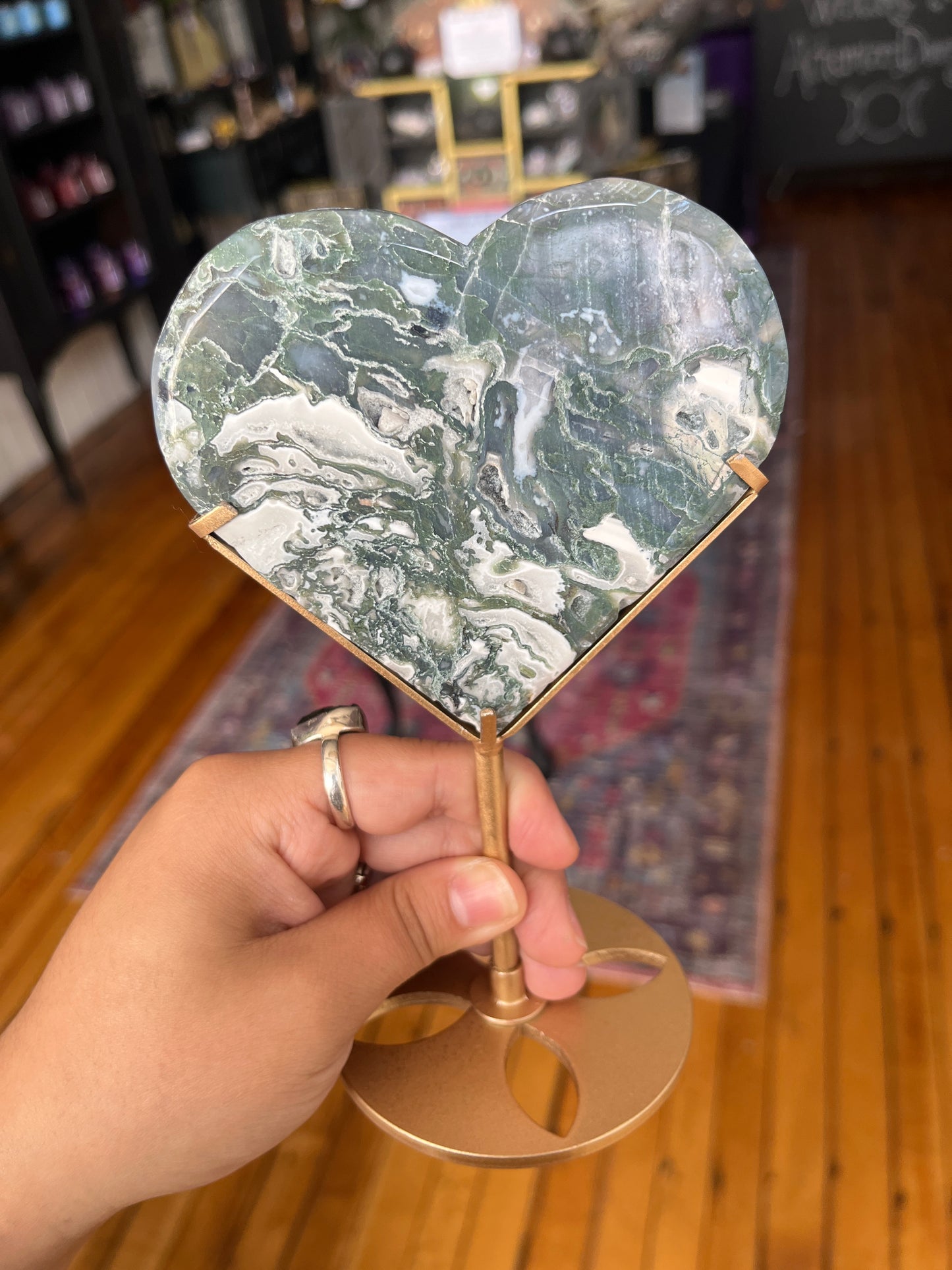 Moss Agate Heart w/Stand