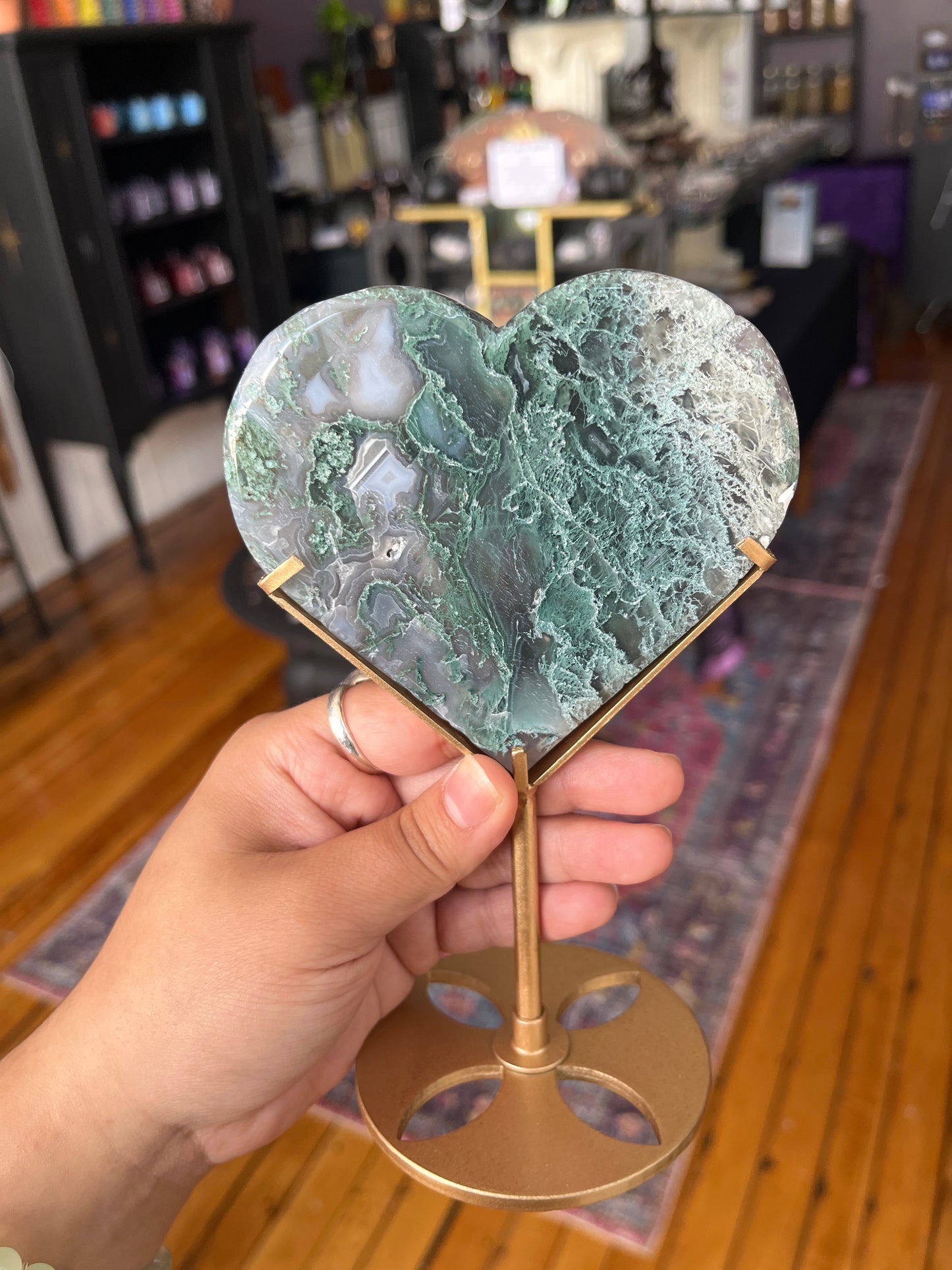 Moss Agate Heart w/Stand