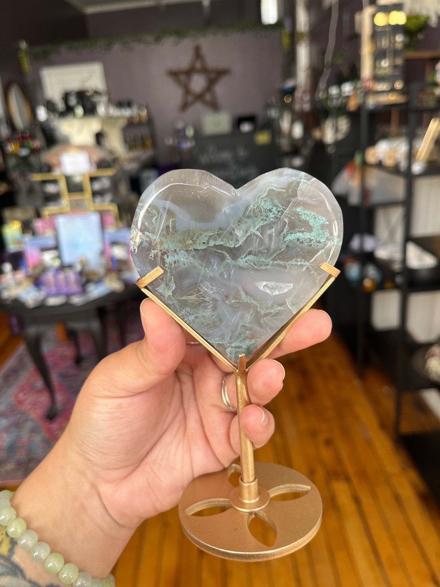 Moss Agate Heart w/Stand
