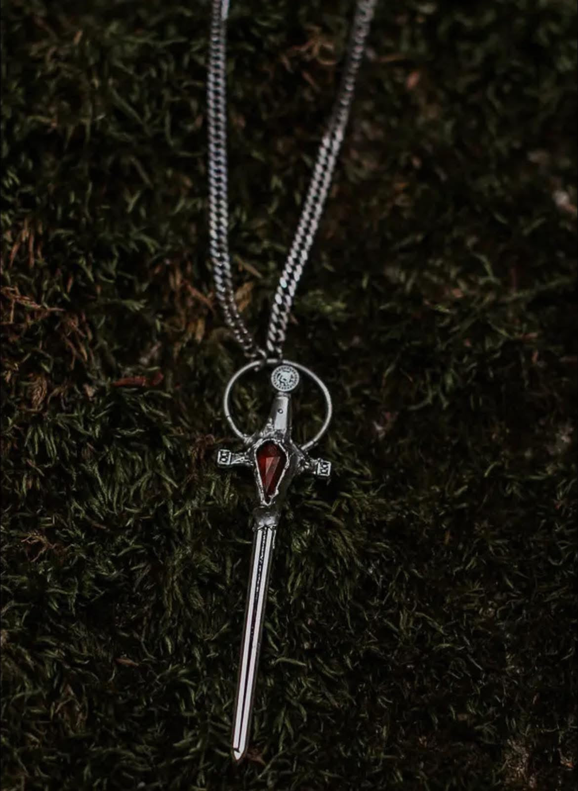 “The Morrigan” Garnet Sterling Silver Sword Necklace