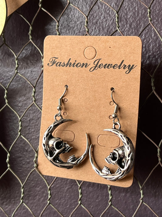 Gothic Half Skull Crescent Earrings
