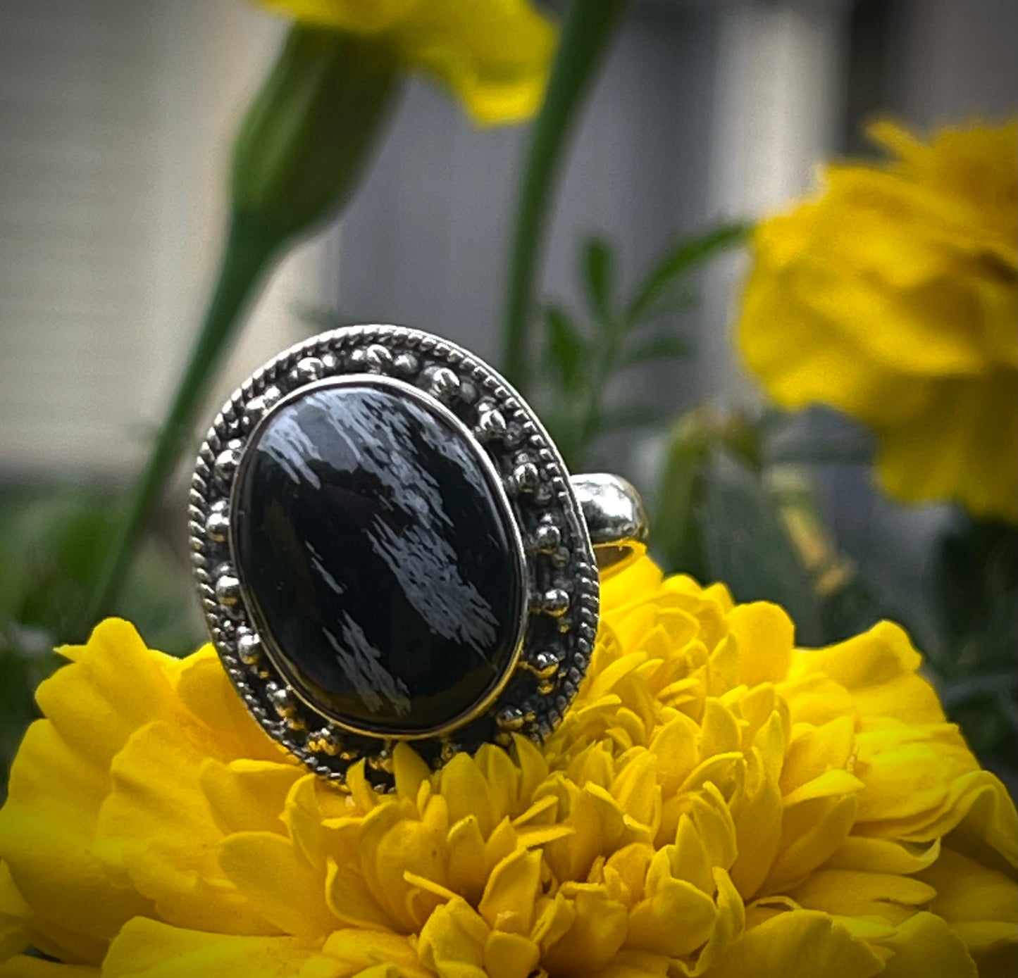 Snowflake Obsidian Sterling Silver Ring- Sz 8