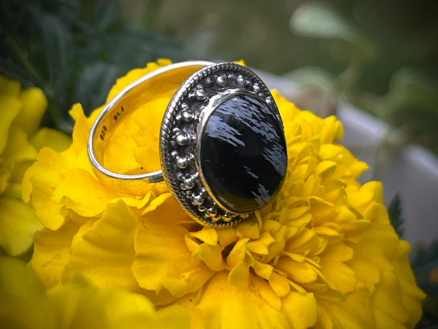 Snowflake Obsidian Sterling Silver Ring- Sz 8