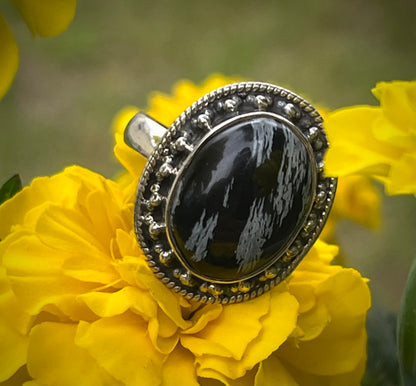 Snowflake Obsidian Sterling Silver Ring- Sz 8