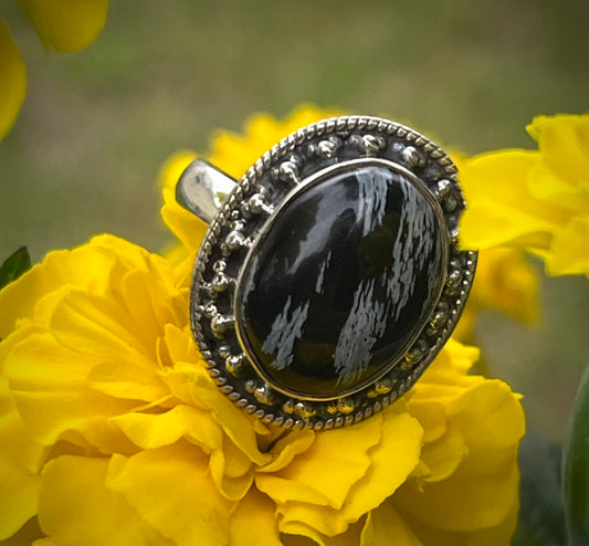 Snowflake Obsidian Sterling Silver Ring- Sz 8
