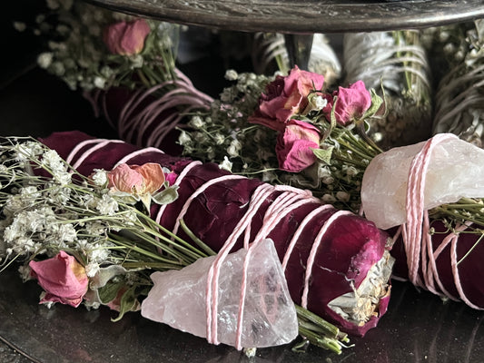 Floral Sage Rough Rose Quartz Crystal Cleansing Bundle