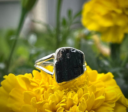 Black Tourmaline Sterling Silver Ring- Sz 5