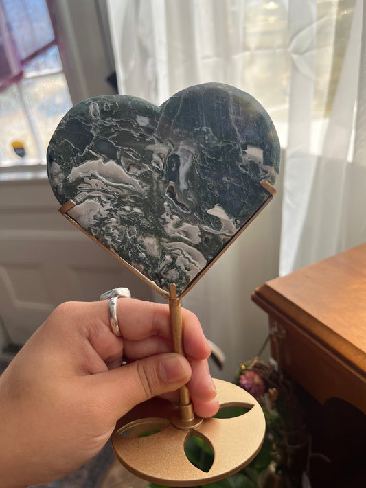 Moss Agate Heart w/Stand