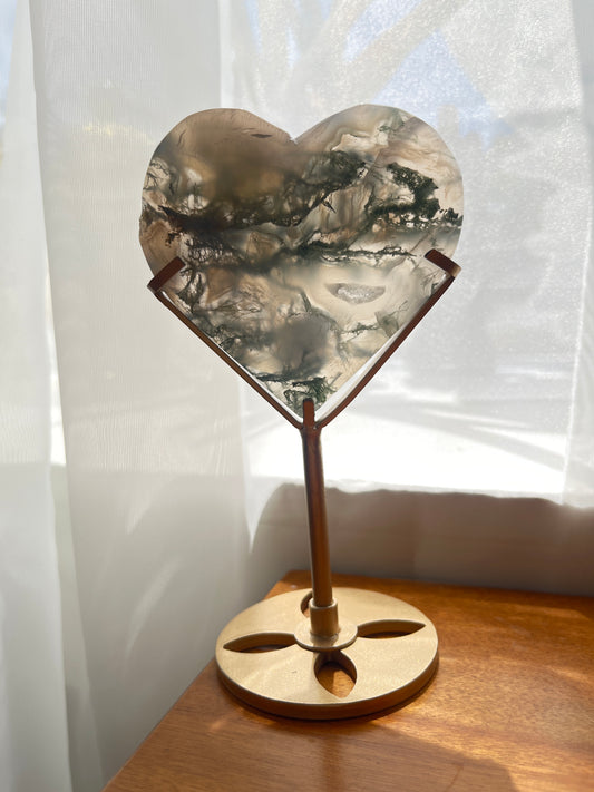 Moss Agate Heart w/Stand