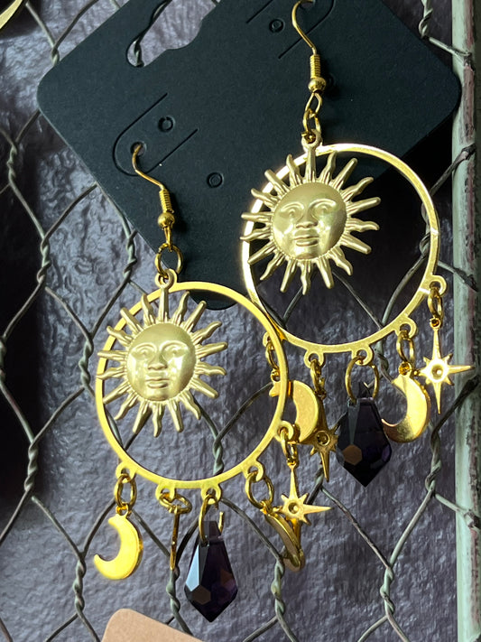 Sun Star Moon Smokey Quartz Crystal Pendant Earrings