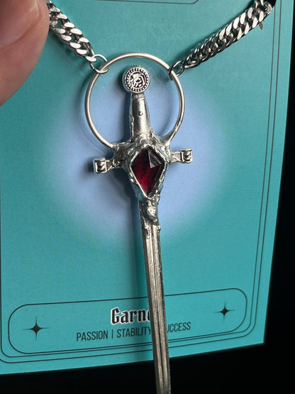 “The Morrigan” Garnet Sterling Silver Sword Necklace