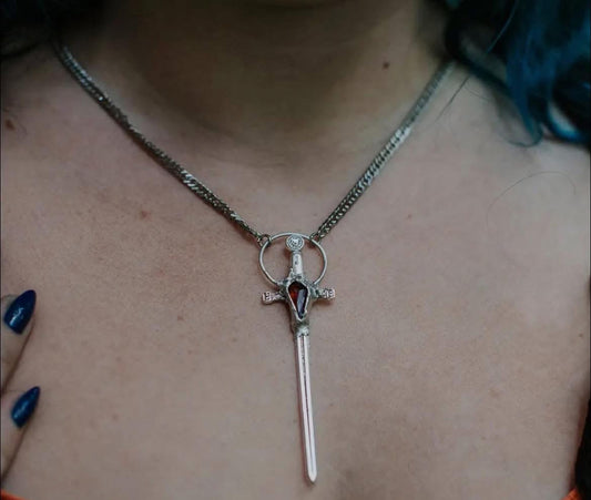 “The Morrigan” Garnet Sterling Silver Sword Necklace